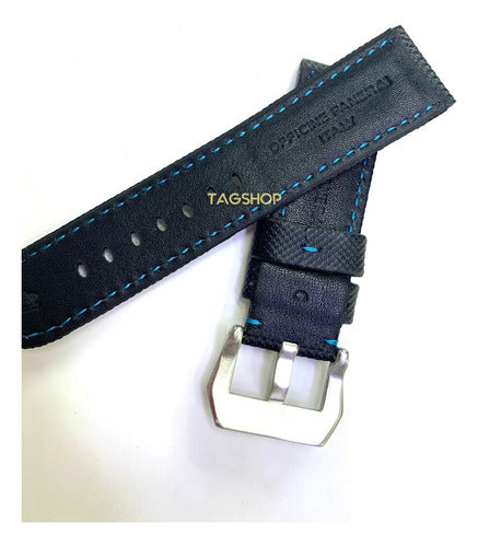 Pulseira Panerai Couro Preta Costura Azul 24x22mm Fecho Aço