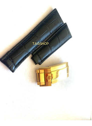 Pulseira Rolex Couro 20mmx16mm Preto Fecho Dourado